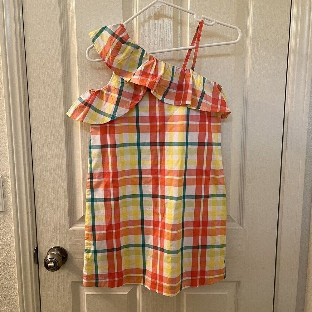 Janie and Jack Summer Tropics Orange Plaid One Shoulder Ruffle Dress Girls SZ 10